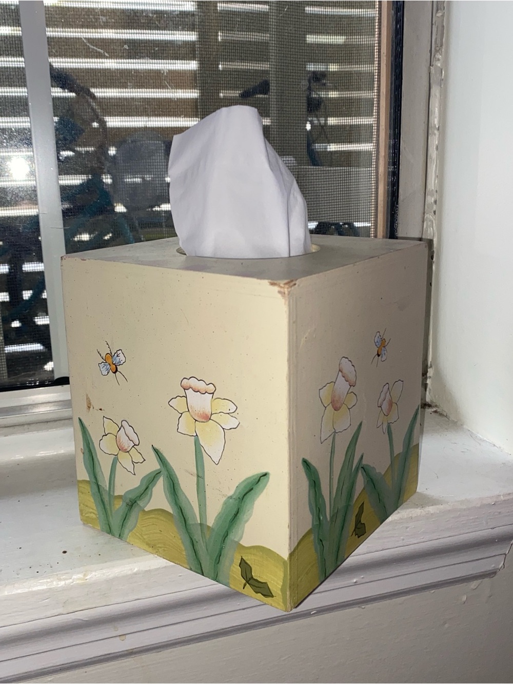 Hand-Painted Floral Tissue Box Cover - Cream, Yellow & Green